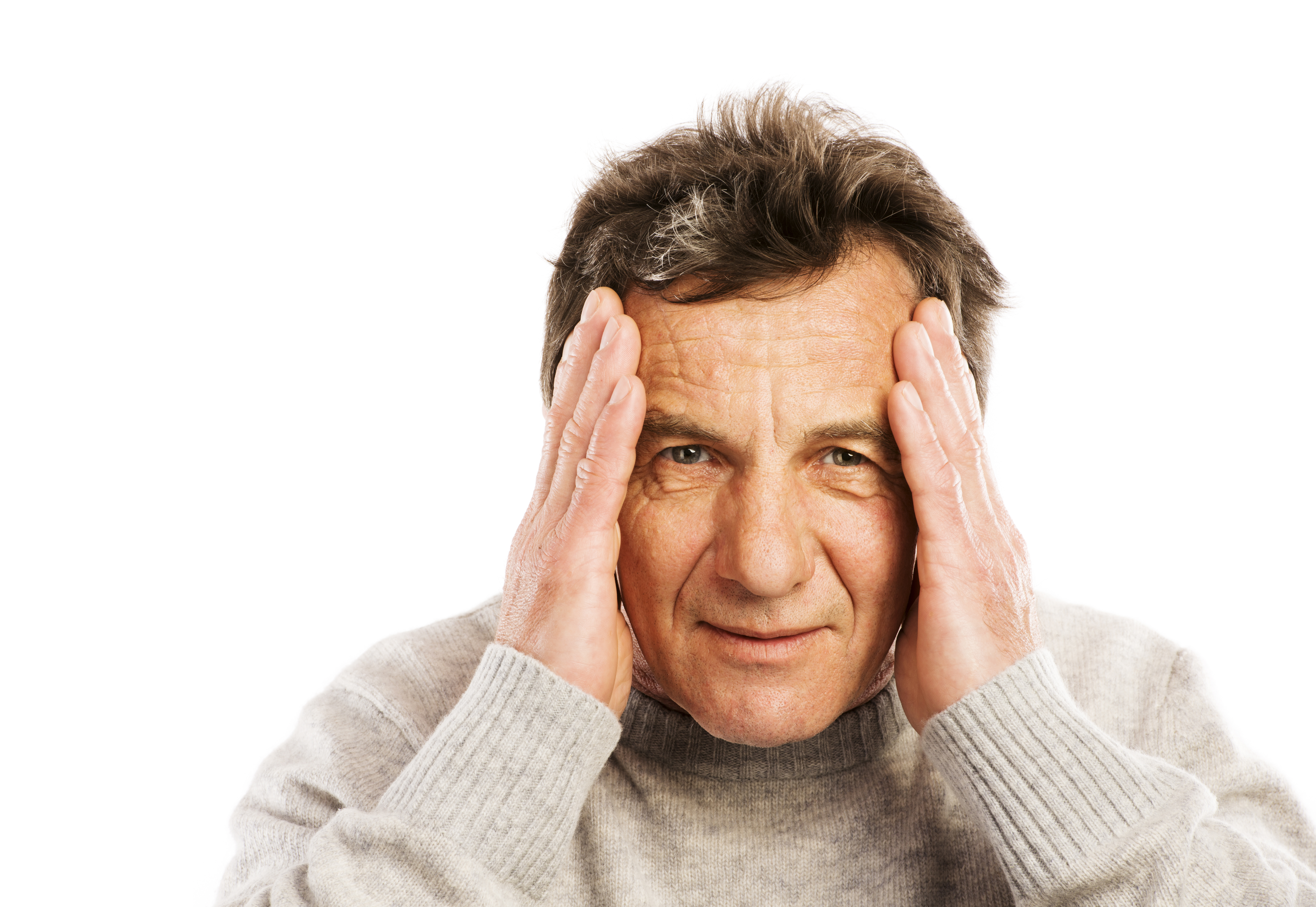 Senior man has headache, isolated on white background